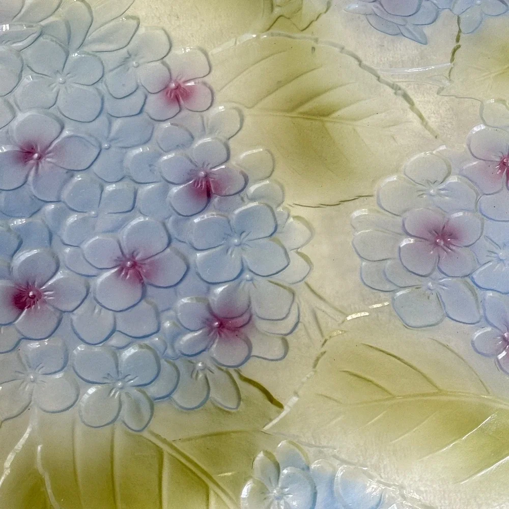 Vintage Blue Hydrangea Embossed Glass Serving Platter Round Floral Plate 13 inch